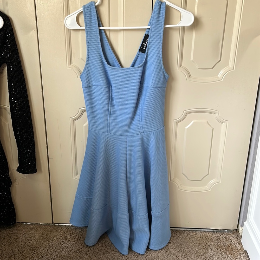 light blue square beck mini dress